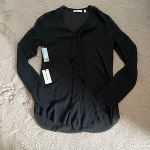 Aritzia BABATON Black Georgette Ren Blouse 100% Silk V Ruffle Front Sheer Sz XXS